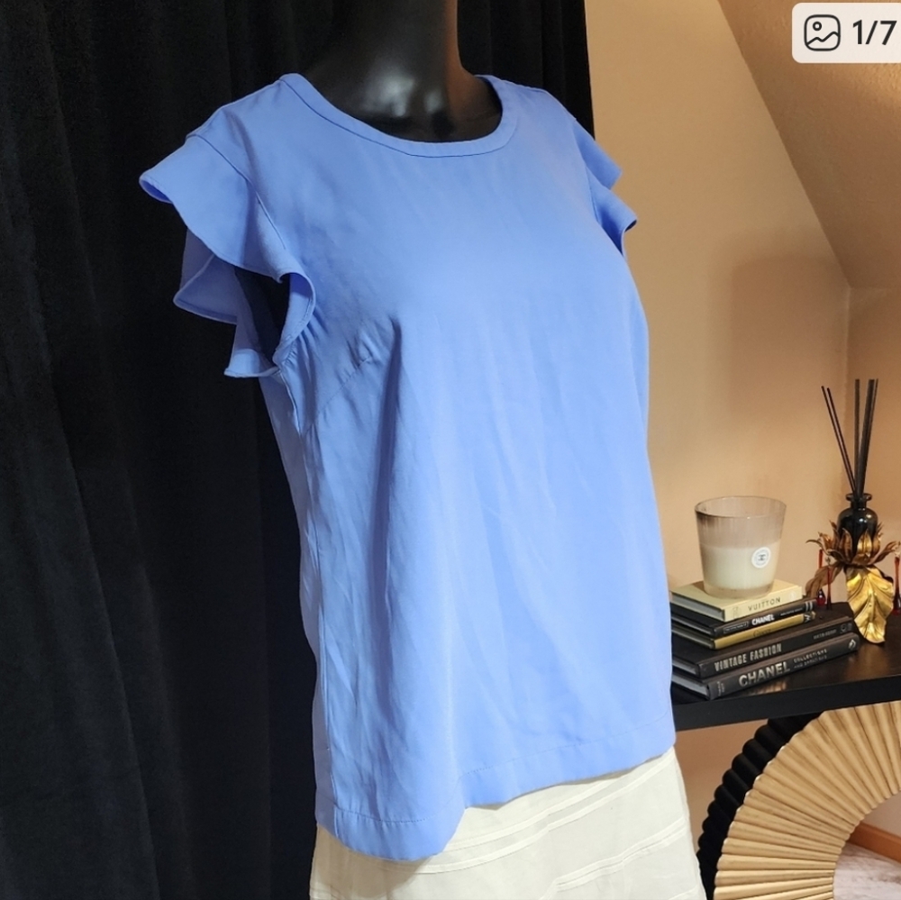 J.CREW WOMEN’S BLUE RUFFLE SLEEVE BLOUSE SIZE 4 SHORT SLEEVE TOP - Picture 8 of 9